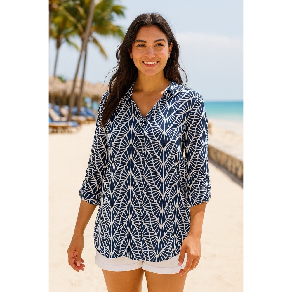 Escapada Women's Beach Navy And White Leaf Print Tunic 3/4 Sleeves Size XS